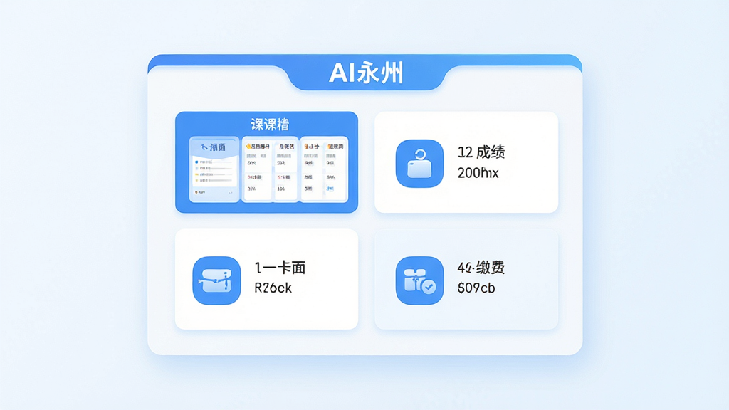 主体为一块悬浮的数字化服务面板,面板上排列课表、成绩、一卡通、缴费四个功能卡片;布局为面板居中、卡片呈两行两列网格排列;排版整齐对称、留白均匀;风格为清新浅色系扁平设计;细节包括卡片图标简洁、配色以蓝白为主、面板上方有“AI永州”标识;画质为高清、干净清爽、无杂乱装饰元素