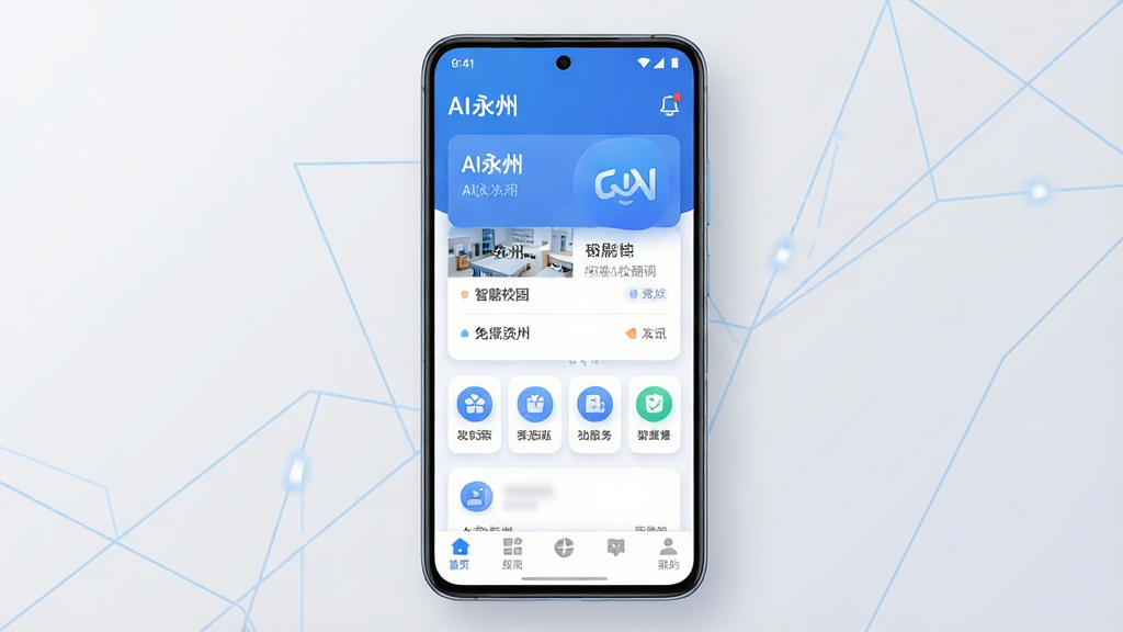 主体为一部竖屏安卓手机,屏幕中展示蓝白色调的智慧校园应用界面,包含资讯卡片、服务图标与底部导航栏;布局为手机居中放置,背景为浅灰渐变并点缀淡蓝色几何线条;排版采用左右留白、视觉焦点集中于屏幕内容;风格为现代扁平化科技风;细节包括界面中清晰可见“AI永州”字样、图标圆润、卡片阴影柔和;画质为高清2K、干净无多余元素、光线均匀柔和