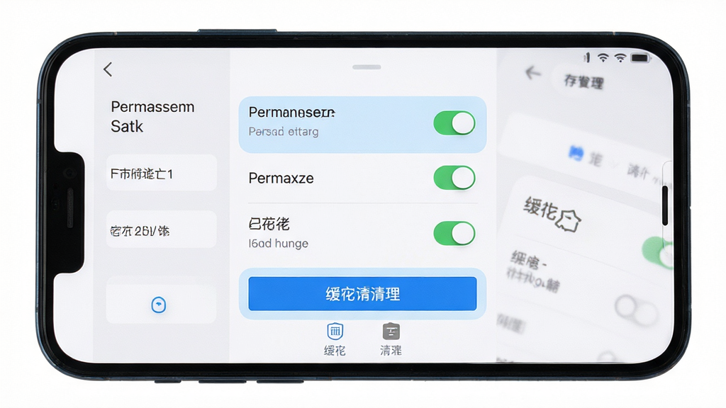 主体为一部手机屏幕显示应用权限设置页面与存储空间管理界面;布局为手机居中、屏幕内容清晰可读;排版简洁、重点区域以淡蓝色高亮标注;风格为实用教程风;细节包括界面中可见权限开关与缓存清理按钮;画质为高清、干净无多余元素、画面明亮