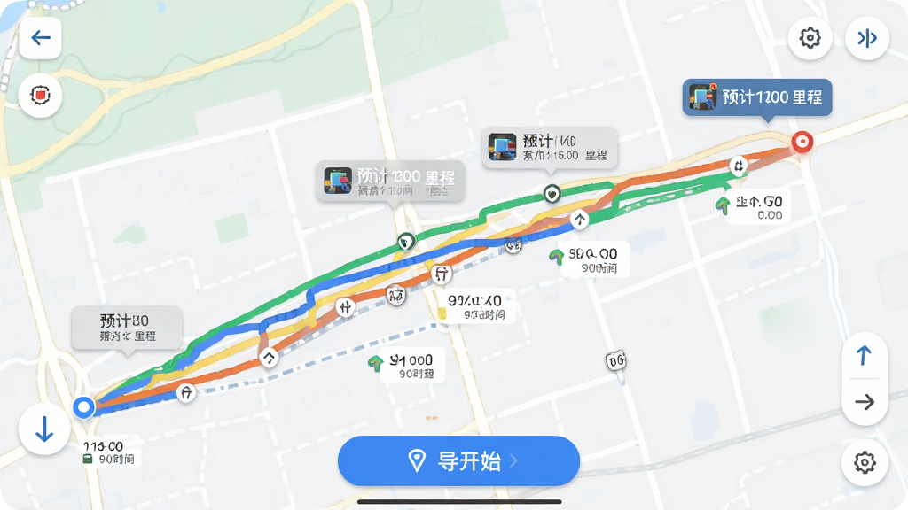 ���ε�ͼ����������������·�߹滮���棬������ʾ����㵽�յ�Ķ�����ɫ·�߷�����ÿ��·���Ա�עԤ��ʱ������̣��ײ�����������ʼ��ť����ͼ�ϴ���ת���ͷָʾ�������ˬ��Լ�����ֲ�η��������ʸ���ɾ�