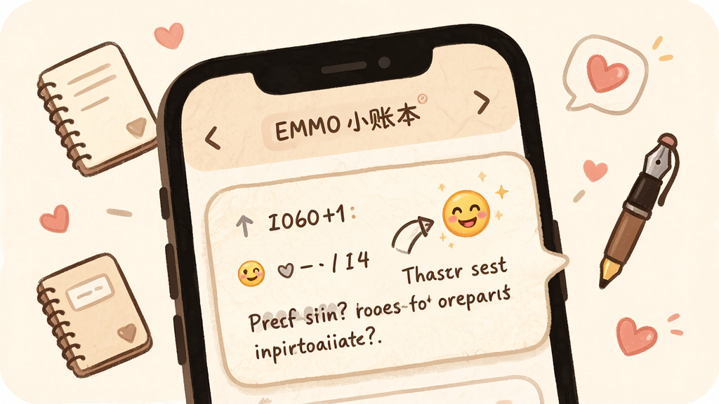 һ��չʾEMMOС�˱������ռǹ��ܵĲ廭������Ϊ�ֻ���Ļ��д����Ļ����ʾһ���˵���¼�Ա߸��б����������д���ֱ�ע����ΧƯ���űʼǱ����ֱ��밮��ͼ�꣬����Ϊ�ֻ����С�Ԫ���������ƣ����Ϊ��ů���˷�廭��ϸ�ڰ����׻�ɫֽ���ʸС���͵���д���塢Բ�ǿ�Ƭ�����������ɾ����޶���Ԫ��