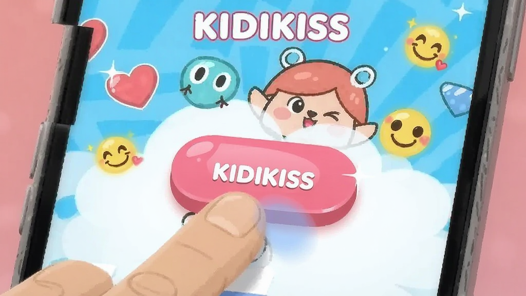 ����չʾKIDIKISSӦ���ڵ�Ȥζ�������棬��Ļ���п�ͨ��ɫ�뻥����ť����ָ���ڵ����Ļ����Χ�а�����Ц������Ʈ��������Ϊ�ֻ���Ļ��д���У����Ϊ���ÿ�ͨ�廭�磻ϸ���ϰ�ť�а�ѹ�߹�Ч�������������������޶���Ԫ��