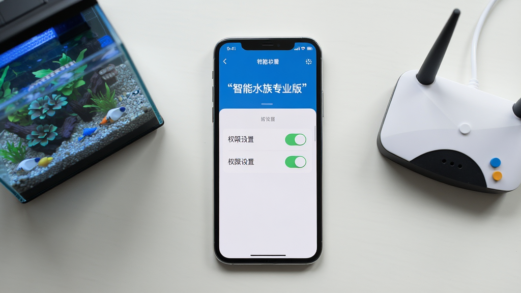 画面主体为一部手机平放在桌面,屏幕显示智能水族专业版的权限设置引导页面,旁边放置鱼缸与路由器模型;布局为俯视视角,手机居中,配件环绕;风格为生活场景写实风;细节上屏幕内文字用引号标注“智能水族专业版”,权限开关图标清晰;画质高清,画面干净,无多余元素