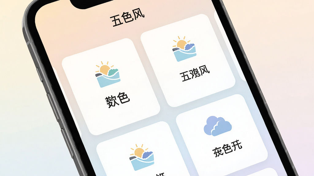 一张表现“五色风”软件功能模块布局的示意图,画面为手机屏幕特写,屏幕内展示“五色风”应用的功能分区卡片,卡片整齐排列,每个卡片配有简洁图标与文字说明,背景为柔和浅色渐变,风格扁平化,细节清晰,画质干净,无多余元素