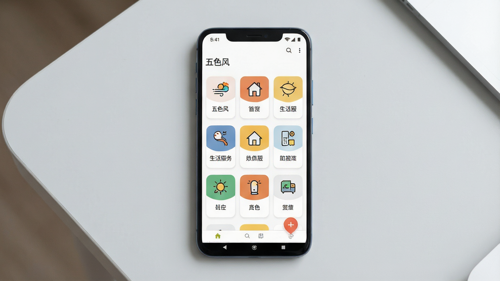 一张展示“五色风”手机应用主界面的场景图,画面中央是一部竖屏安卓手机,屏幕内呈现“五色风”应用首页,顶部为软件名称“五色风”,下方为功能卡片式布局,包含多个生活服务入口图标,整体配色以白底搭配五色点缀,背景为简洁浅灰桌面,风格清爽现代,细节清晰,画质干净,无多余元素