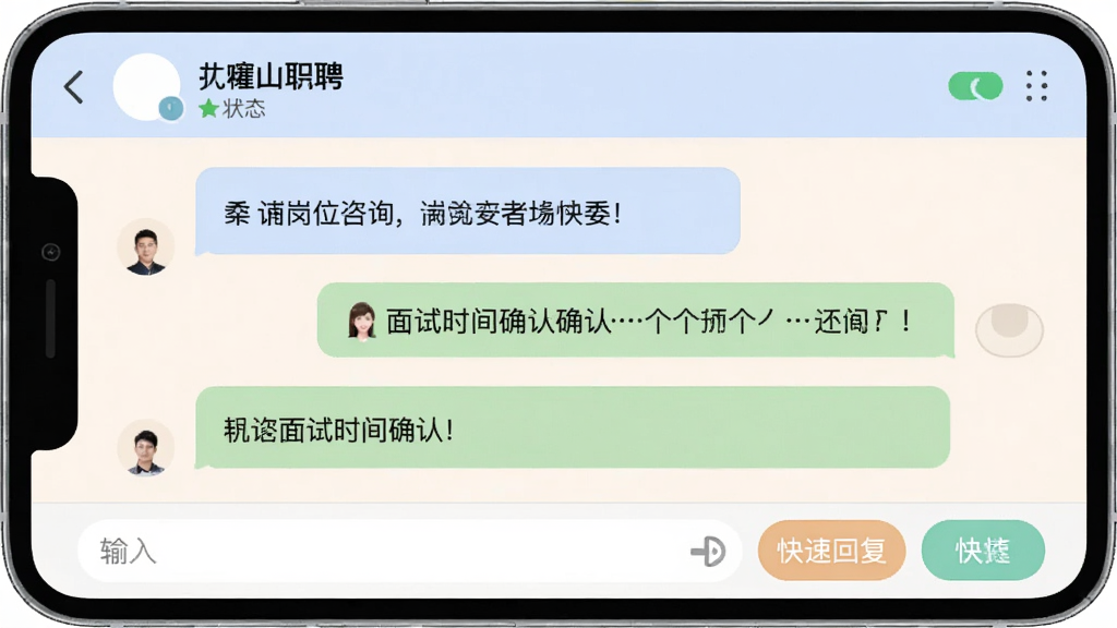 ��ɽֱƸ���칵ͨ���棬��Ļ�Ϸ���ʾ��ҵ����������״̬���м�Ϊ�Ի����ݣ�����Χ�Ƹ�λ��ѯ������ʱ��ȷ�ϣ��ײ�Ϊ�����Ϳ�ݻظ���ť�����������Ѻã���ɫ��ͣ�ϸ�����������ʸɾ����޶���Ԫ��