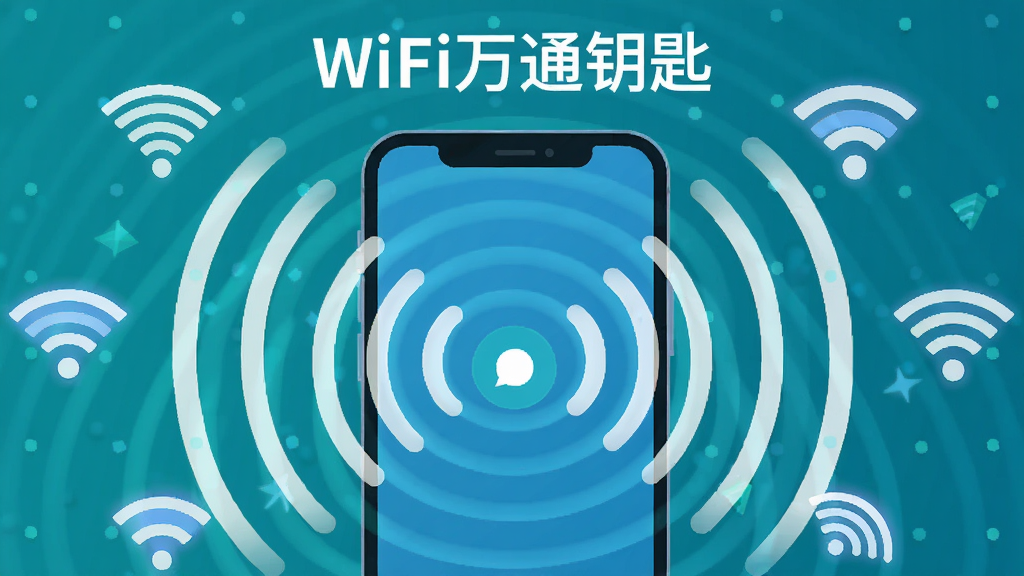 һ������WiFi��ͨԿ������ɨ�蹦�ܵ�ʾ��ͼ����������Ϊ�ֻ���Ļ�з���״�źŲ���������ɢ����ΧƯ�����WiFi�ź�ͼ�꣬��Ļ�Ϸ���ʾ