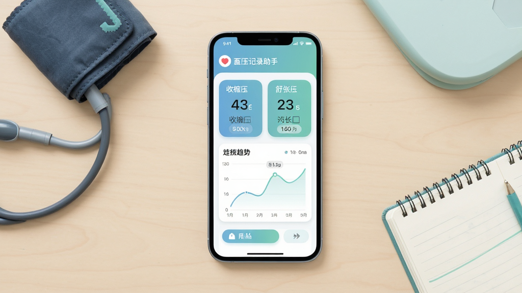 主体为一部智能手机,屏幕显示血压记录助手应用界面,界面中有收缩压舒张压数值卡片和折线趋势图,布局为手机居中放置于浅色桌面,周围有血压计袖带和记事本作为点缀,排版简洁清晰,风格为现代扁平化健康类App展示风格,细节包括柔和的蓝绿色调、圆角卡片、清晰的数据图表,画质高清干净无多余元素