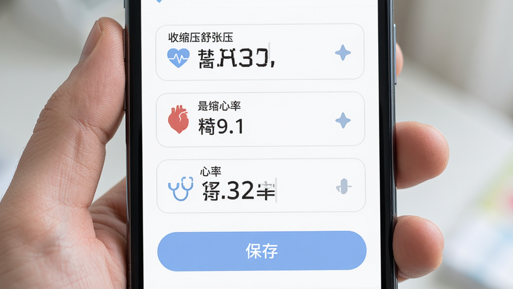主体为手机屏幕展示血压记录助手的快速录入界面,布局为屏幕中央三个输入框分别标注收缩压舒张压心率,下方有保存按钮,排版为上下结构,风格为清爽医疗健康App界面风格,细节包括大字体数字输入、柔和蓝色按钮、简洁图标,画质高清干净无多余元素