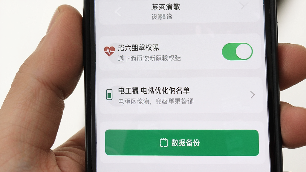 主体为手机屏幕展示血压记录助手设置页面,布局为通知权限开关、电池优化白名单选项、数据备份按钮纵向排列,排版清晰分区,风格为实用工具类App设置界面风格,细节包括绿色开关按钮、灰色说明文字、简洁图标,画质高清干净无多余元素