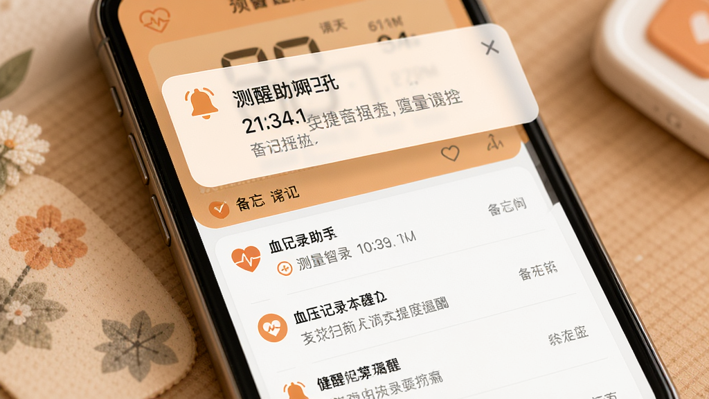 主体为手机通知界面与血压记录助手提醒卡片,布局为手机屏幕上方弹出测量提醒通知,下方为应用内备忘笔记列表,排版为纵向排列,风格为温暖健康管理风格,细节包括铃铛图标、时间标注、笔记条目、柔和橙色点缀,画质高清干净无多余元素
