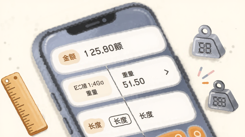 画面为智能算账计算器单位换算功能界面,手机屏幕上显示金额、重量、长度三个换算模块,模块之间用细线分隔,手机旁边放置尺子与砝码小图标,背景为米白色,采用柔和圆角插画风格,细节包含模块圆角统一、图标小巧、配色温和,画质干净,无多余元素
