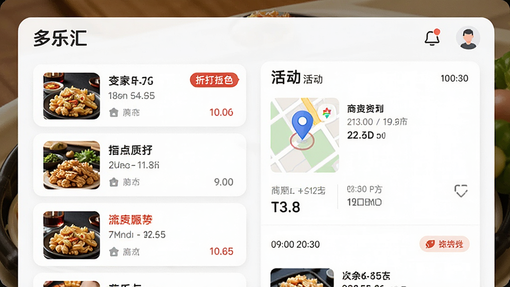 一幅AI生图画面,主体为“多乐汇”应用的信息聚合界面,布局采用分栏卡片式设计,左侧为商家列表、右侧为活动详情,风格为明亮清新的UI风格,细节包含地图定位图标、折扣标签、时间戳,画质高清干净,无杂乱装饰