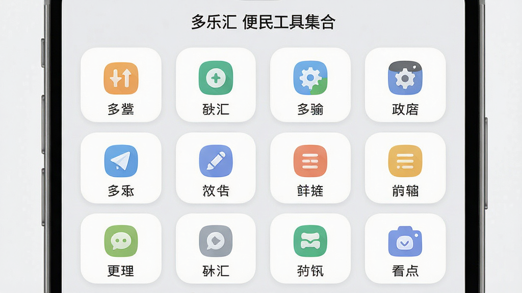 一张展示“多乐汇”便民工具集合界面的生图,主体为手机屏幕内排列整齐的工具图标矩阵,布局为三行四列网格,风格为柔和圆角卡片与浅灰底色,细节包含图标下方的中文标签、顶部标题栏,画质清晰干净,无多余元素