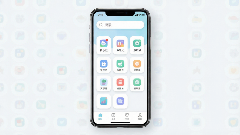 一张手机应用界面展示图,画面中央是“多乐汇”应用的主页,布局为顶部搜索栏、中部功能图标网格、底部导航栏,风格为清爽现代的扁平化设计,细节包含圆角卡片、柔和阴影、浅色背景,画质清晰干净,无多余元素