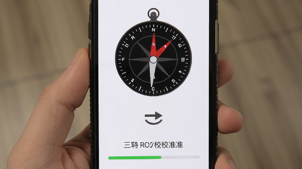 主体为手机屏幕显示三合罗盘校准界面,布局为手机竖屏居中,排版上方为罗盘图形下方为校准提示文字,风格为简洁工具类应用风,细节包含旋转箭头图标与进度条,画质清晰干净无多余元素