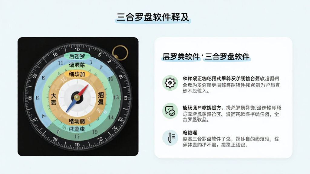 主体为三合罗盘软件的层详解页面,布局为左侧罗盘缩略图右侧文字说明卡片,排版上下分布标题与释义段落,风格为清新浅色阅读风,细节包含高亮标注的圈层名称与示意图标,画质清晰干净无多余元素
