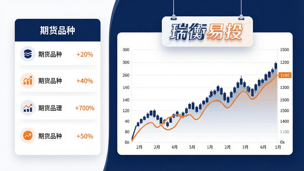 一张横向构图的信息图,左侧为简洁的期货品种列表卡片,右侧为大面积的折线走势图,图表上方悬浮“瑞衡易投”文字标识,整体配色以白底配深蓝与橙色点缀,风格清爽现代,排版规整,细节干净,画质高清