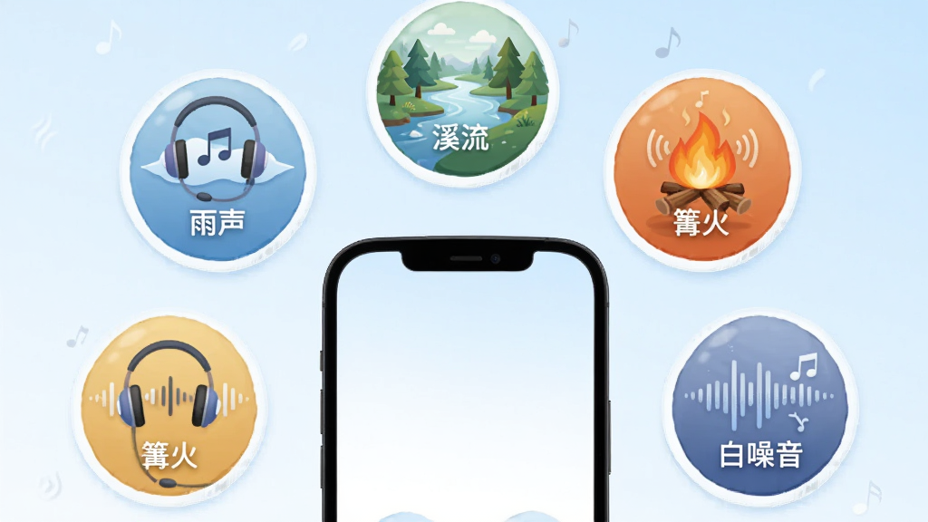 画面主体为手机界面呈现多个圆形音频图标,分别标注“雨声”“溪流”“篝火”“白噪音”,布局为图标环绕手机呈放射状排列,排版清爽有序,风格为柔和插画风,细节包括耳机、音符、声波纹理,画质高清干净,背景为浅蓝色渐变无多余元素