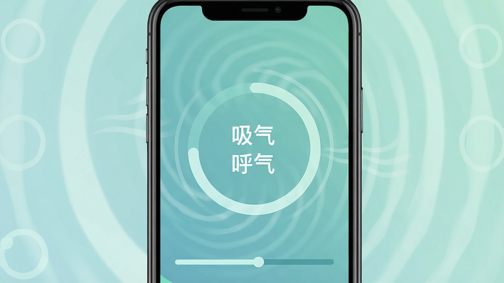 画面主体为手机屏幕显示呼吸引导圆环动画与“吸气”“呼气”文字提示,布局为手机居中、圆环动态扩散,排版简洁直观,风格为极简扁平设计,细节包括柔和的蓝绿色调、波纹扩散效果、时间进度条,画质高清干净,无多余装饰