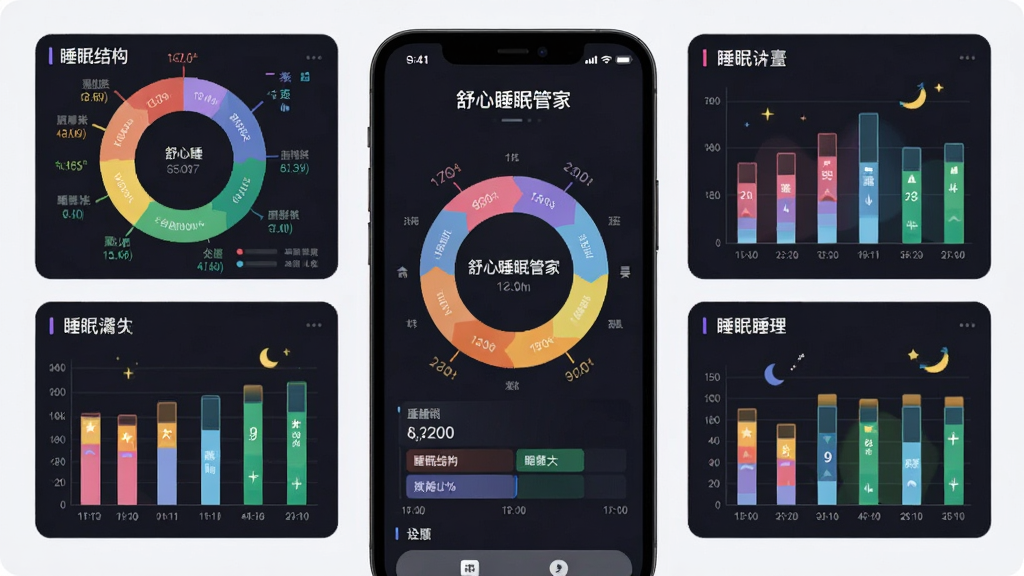 画面主体为手机屏幕展示彩色睡眠结构环形图与柱状统计图,界面标注“舒心睡眠管家”字样,布局为手机居中、图表环绕四周,排版采用信息图表风格,风格为科技感深色主题,细节包括数据标签、时间轴、睡眠阶段色块,画质清晰锐利,背景干净无杂乱元素