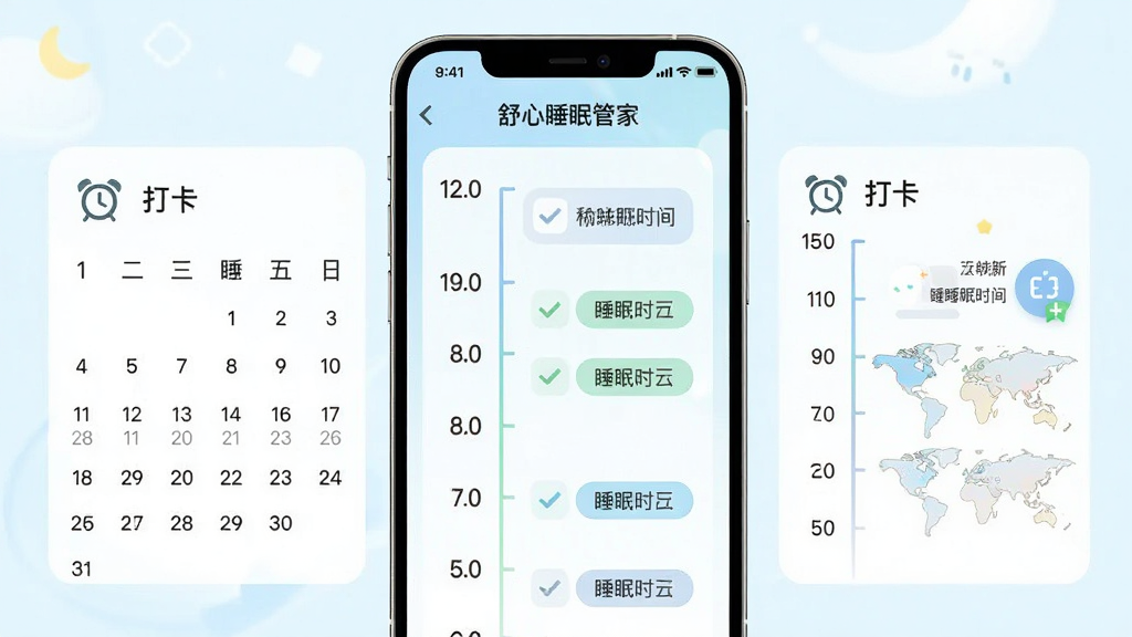 画面主体为手机屏幕展示作息时间轴与打卡日历界面,标注“舒心睡眠管家”品牌名,布局为手机居中、日历与时间轴分列两侧,排版规整清晰,风格为清新浅色系,细节包括闹钟图标、对勾标记、睡眠时长标签,画质干净明亮,背景无杂乱元素