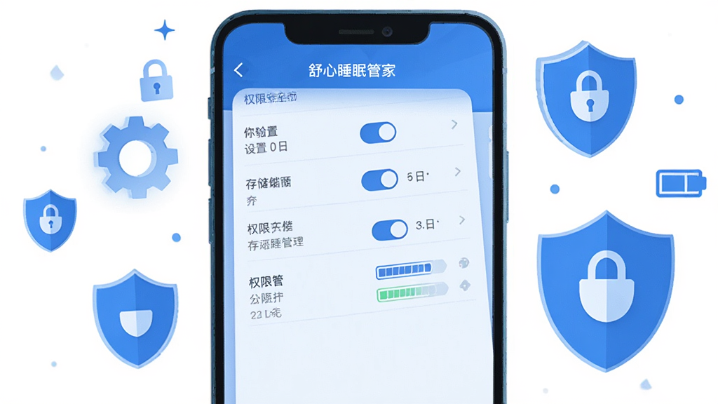 画面主体为手机屏幕展示舒心睡眠管家设置页面与权限管理界面,布局为手机居中、周围环绕齿轮与盾牌图标象征设置与安全,排版清晰分层,风格为科技蓝配色扁平插画,细节包括权限开关、存储条、电池图标,画质高清干净,无多余元素