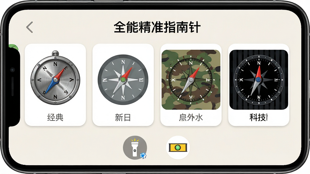 手机屏幕展示“全能精准指南针”的主题选择界面,画面中并排陈列四个不同风格的罗盘表盘缩略图,分别为经典金属风、简约扁平风、户外迷彩风和深色科技风,界面底部有手电筒和水平仪功能图标,背景为浅色卡片式布局,排版清爽,画质干净,无多余元素