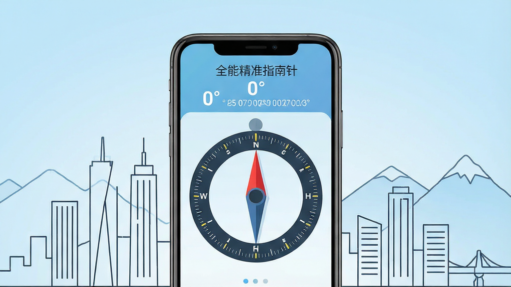 画面中央放置一部智能手机,手机屏幕上显示“全能精准指南针”应用界面,界面包含圆形罗盘刻度盘、醒目的红色指针指向正北方向,屏幕上方显示方位角“0°”和经纬度坐标数字,手机周围以简洁的线条勾勒出城市建筑剪影与远山轮廓,背景为干净的浅蓝色渐变,整体采用扁平化科技风格,细节清晰,画质高清,画面干净无多余元素