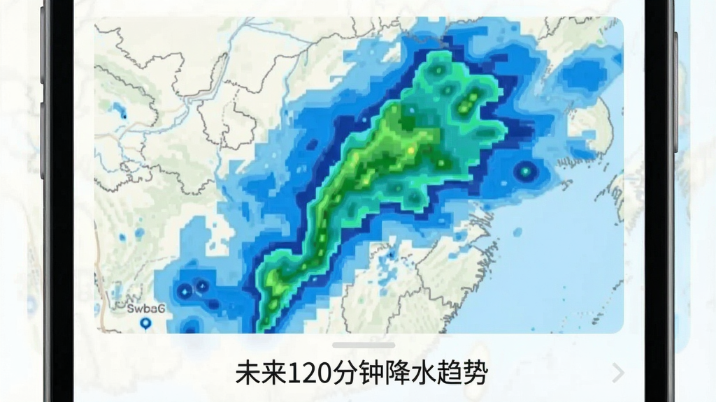一张AI天气通应用界面的特写图,画面中央显示分钟级降水雷达图,用蓝色和绿色色块表示降雨强度,下方有