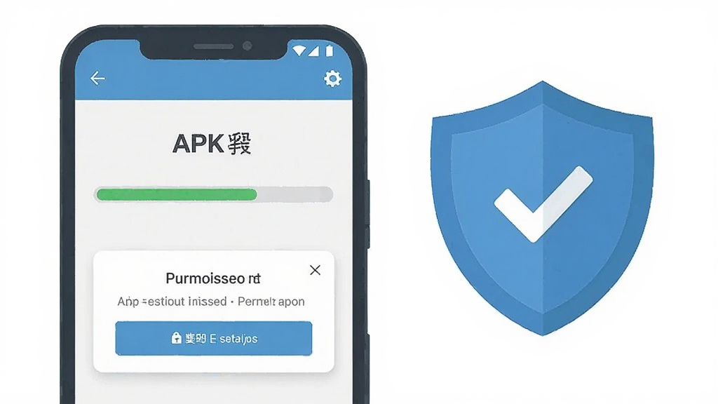 一张展示手机安装APK文件的界面示意图,屏幕上有安装进度条和权限授权弹窗,旁边配有盾牌图标表示安全提示,整体风格扁平化信息图设计,画质清晰干净,无多余装饰