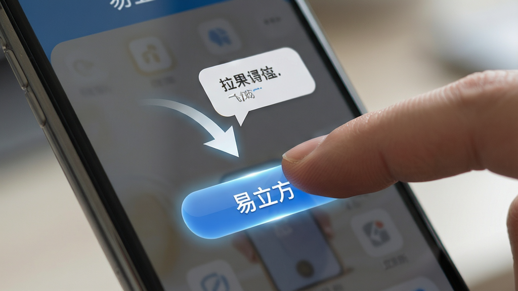 画面主体为一只手指正在点击手机屏幕上的“易立方”功能按钮,屏幕界面显示清晰的引导箭头与操作提示气泡;布局为手机屏幕特写占据画面主要区域,手指从右侧进入;排版聚焦屏幕中央操作区域;风格为写实产品交互展示风;细节上屏幕玻璃质感自然、按钮高亮效果明显、背景虚化处理;画质高清、画面干净、无多余元素