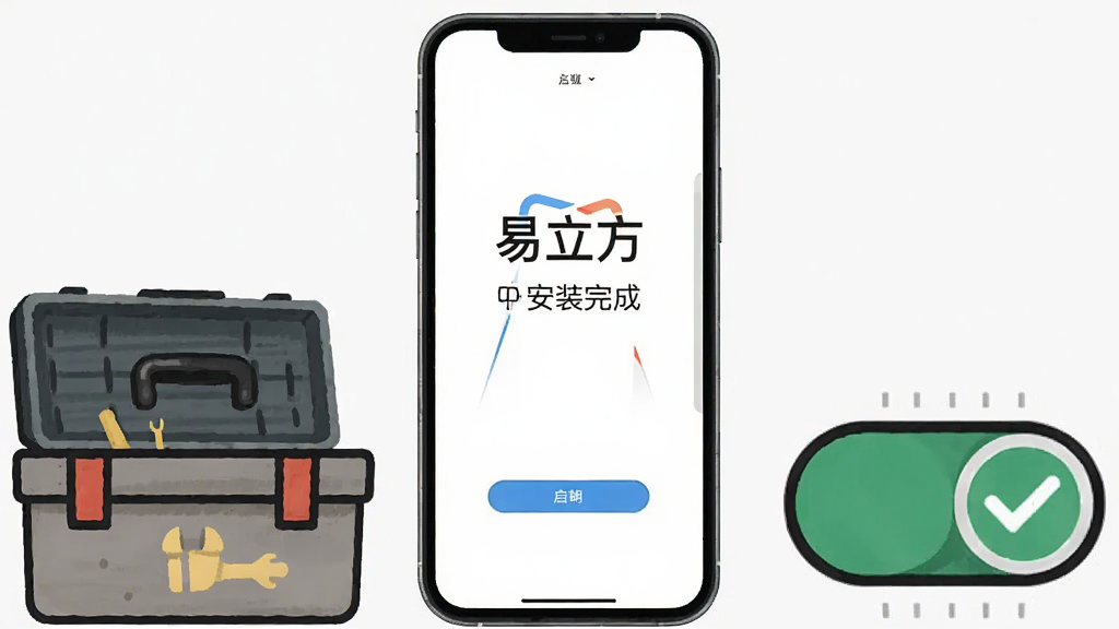 画面主体为一部手机屏幕显示“易立方”安装完成后的启动界面,旁边放置一个打开的工具箱与权限开关图标;布局为手机居中,工具箱与图标分列左右下方;排版采用三角稳定构图;风格为简洁实用说明插画风;细节上开关图标带有绿色对勾、界面文字清晰、背景为浅色纯色;画质高清、画面干净、无多余元素