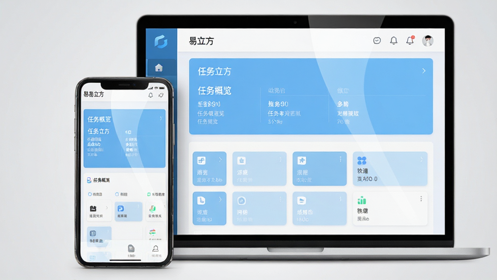画面主体为一台智能手机与一台笔记本电脑并排摆放,屏幕中央显示“易立方”软件主界面,界面采用浅蓝与白色搭配的卡片式布局,上方为任务概览区域,下方为功能模块网格;布局上手机置于左侧前景,电脑置于右侧背景,形成主次层次;排版采用居中对称构图,软件界面元素清晰可见;整体风格为简洁现代的科技产品展示风,光线柔和均匀;细节上屏幕反光自然、图标边缘干净、背景为浅灰色渐变;画质高清、画面干净、无多余元素
