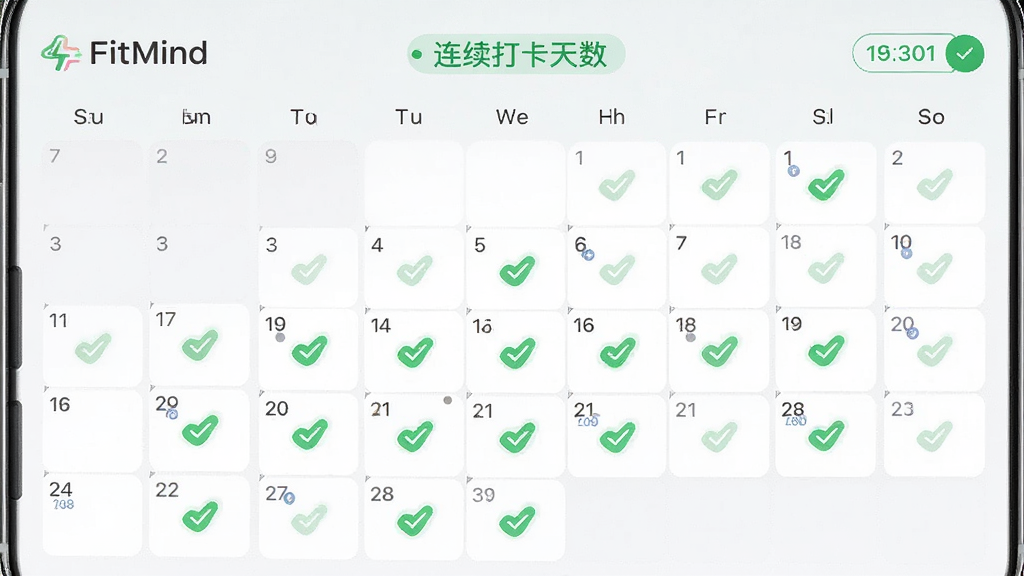 主体为FitMind应用的打卡日历界面,日历上多个日期带有绿色对勾标记;布局为手机屏幕正面展示,日历占据画面主体;排版整齐,日期格子清晰;风格为清爽的移动应用界面展示;细节包括浅色背景、绿色高亮标记、顶部显示连续打卡天数;画质高清,干净,无多余元素