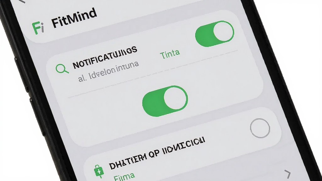 主体为FitMind应用在手机上的设置界面,显示通知权限开关与电池优化选项;布局为手机屏幕局部特写,开关按钮位于视觉中心;排版清晰,选项排列有序;风格为简洁的移动端界面示意;细节包括浅灰背景、绿色开关高亮、文字标注清楚;画质高清,干净,无多余元素