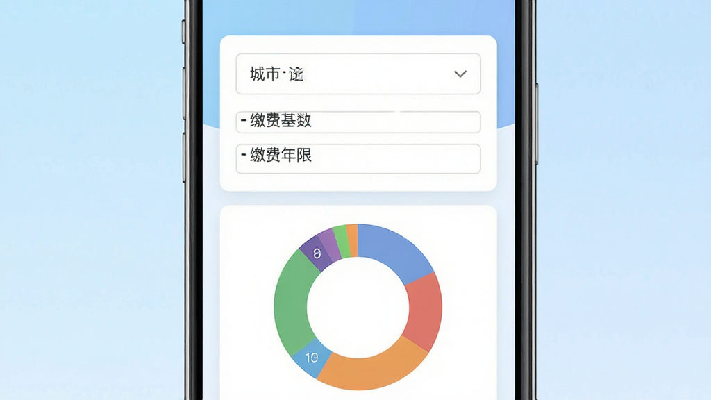一张手机屏幕展示社保计算器应用主界面,画面中央是简洁的输入卡片包含城市选择、缴费基数、缴费年限三个输入框,下方是彩色环形图展示五险缴费比例,背景为浅蓝色渐变,整体风格清新扁平化,画质清晰干净无多余元素