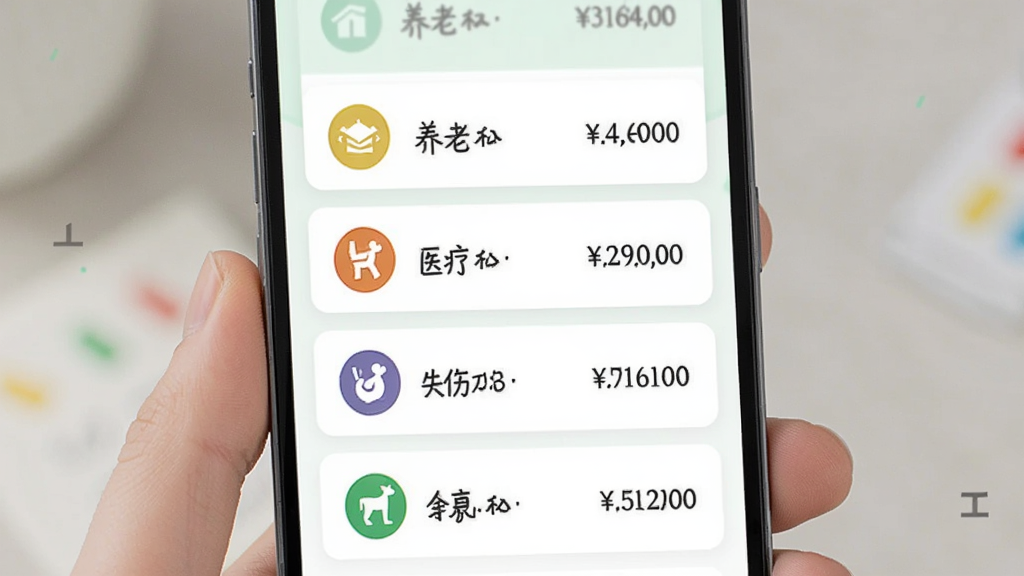 画面中央是一部手机显示五险分项明细列表,每行配有不同颜色的图标标识养老医疗失业工伤生育,右侧显示金额数字,背景为白色卡片式排版搭配淡绿色点缀,风格简洁商务,画质清晰干净