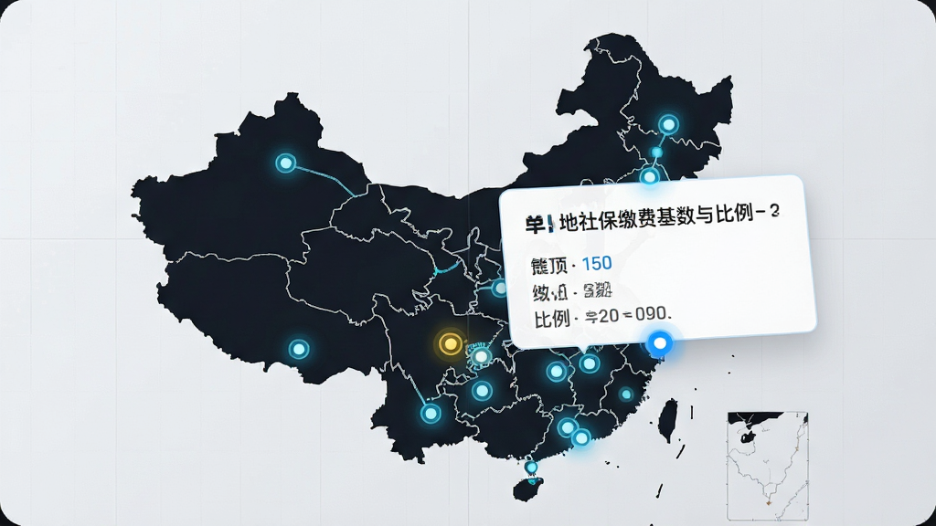 手机界面展示中国地图轮廓,多个城市节点被高亮标记,点击某城市后弹出该地社保缴费基数与比例参数卡片,背景为浅灰色网格纹理,风格科技简约,画质清晰干净
