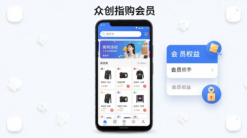 手机应用商店展示页面,居中放置一部竖屏安卓手机,屏幕内呈现电商会员类应用首页,顶部为搜索栏与轮播活动图,中部为商品优惠卡片网格,底部为五个导航图标,画面右侧悬浮会员权益卡片与积分图标,整体采用蓝白配色,风格清爽现代,细节包含圆角卡片、阴影层次与简洁图标,画质清晰干净,无多余元素,屏幕上方悬浮文字“众创指购会员”