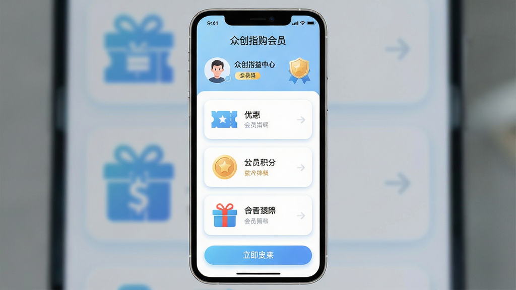 竖版手机界面设计图,画面中央为会员权益中心页面,顶部显示用户头像与会员等级徽章,下方为三列权益卡片网格,卡片内包含优惠券图标、积分图标与礼盒图标,配色以浅蓝与白色为主,卡片带圆角与轻阴影,页面底部为渐变按钮,整体风格简洁商务,细节清晰,画质干净,屏幕顶部标题文字“众创指购会员”