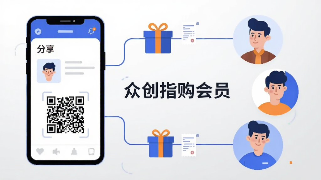 扁平化插画风格,画面左侧为一部手机,屏幕显示商品分享页面与二维码,右侧为三位抽象人物头像通过连线与手机相连,连线末端带有礼盒与小票图标,背景为浅灰渐变,配色以蓝色与橙色点缀,构图均衡,细节简洁,画质清晰干净,画面中部文字“众创指购会员”