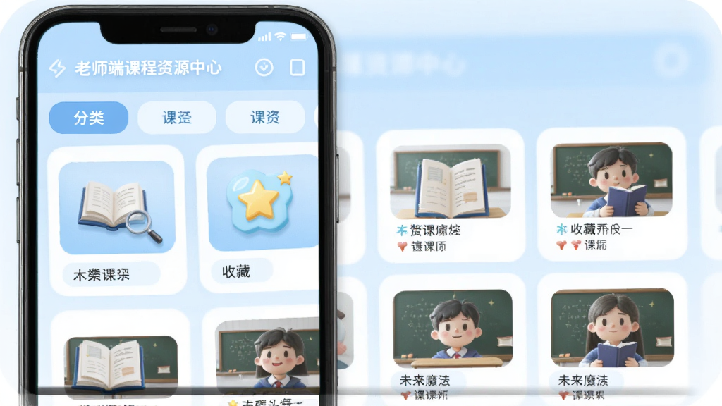 δ��ħ��У��ʦ�˿γ���Դ����ҳ�棬�ֻ�����չʾ�����ǩ��μ�����ͼ�����������鱾���Ŵ󾵡��ղ��Ǳ��ͼ�꣬�������ǳ��ɫ������Ƭʽ���֣�������£�ϸ�����������廭��