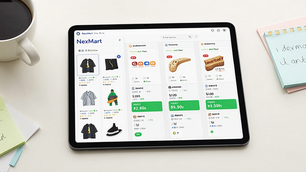 ����չʾһ̨ƽ����Ժ������������棬��Ļ�ϳ���NexMart��ƽ̨�ȼ۽��棬���Ϊ��Ʒ����ͼ���Ҳ�Ϊ���в�ͬ����ƽ̨�ļ۸��б�����ͼ�����ɫ������ע���������п��ȱ��ͱ�ǩֽ������Ϊ����ǳɫ��񣬹�����ͣ����ʸɾ����޶���Ԫ��