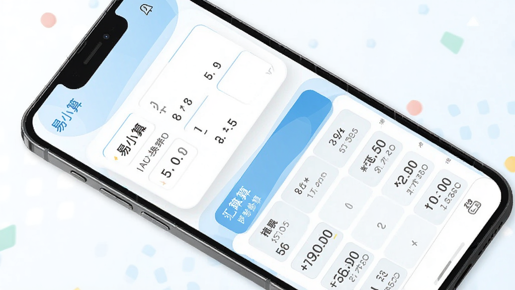 一张展示易小算单位换算与汇率参考功能的界面图,画面中手机屏幕分为上下两部分,上方为长度单位换算输入区,下方为汇率参考列表,屏幕角落标注“易小算”字样,背景为白色与浅蓝色搭配,风格清新,细节清晰,画质干净,无多余元素