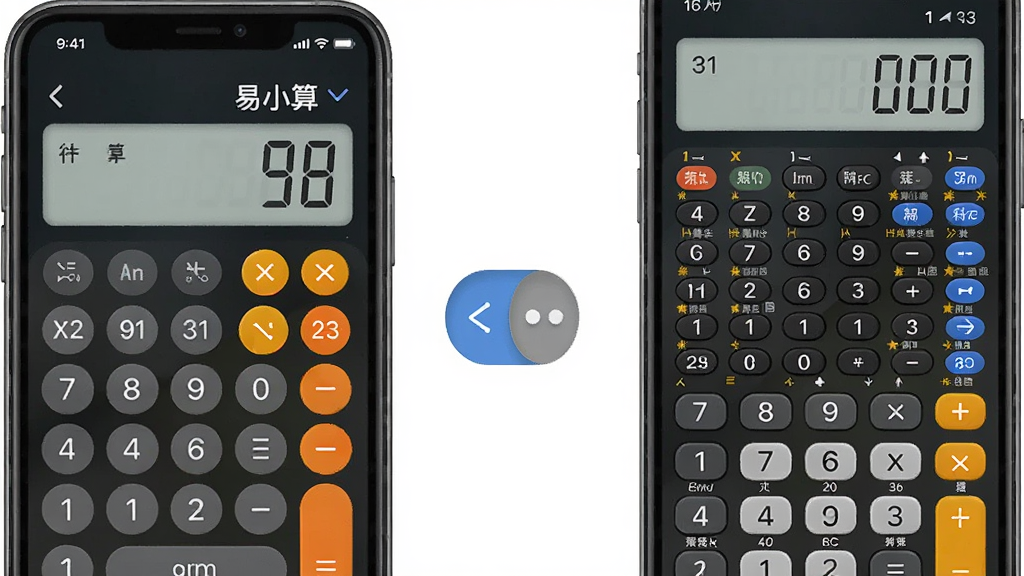一张展示易小算多模式计算切换功能的示意图,画面左侧为手机界面中的基础计算器模式,右侧为科学计算器模式,中间以切换按钮连接,界面标注“易小算”名称,整体风格清爽简洁,细节清晰,画质干净,无多余元素