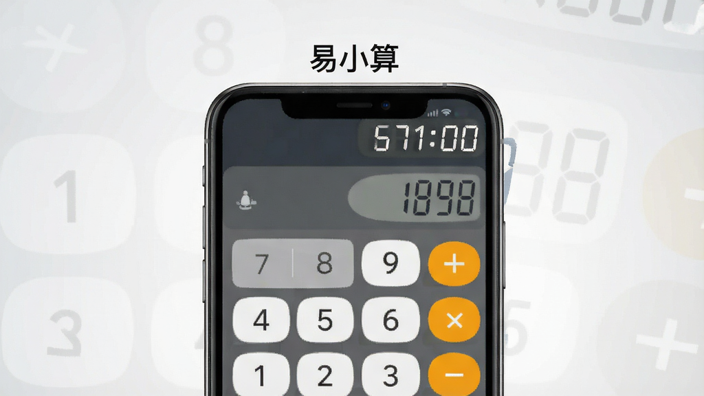 一张展示易小算软件主界面的产品展示图,画面中央是手机屏幕,屏幕上显示简洁的计算器按键布局与数字输入区域,屏幕上方标注“易小算”字样,背景为浅灰色渐变,整体采用扁平化设计风格,细节清晰,画质干净,无多余元素