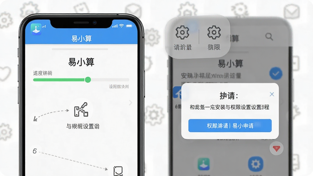 一张展示易小算在手机端安装与权限设置流程的示意图,画面以手机屏幕为主,屏幕上显示安装进度条与权限申请弹窗,旁边配有设置菜单图标,界面中标注“易小算”名称,整体风格简洁明了,细节清晰,画质干净,无多余元素