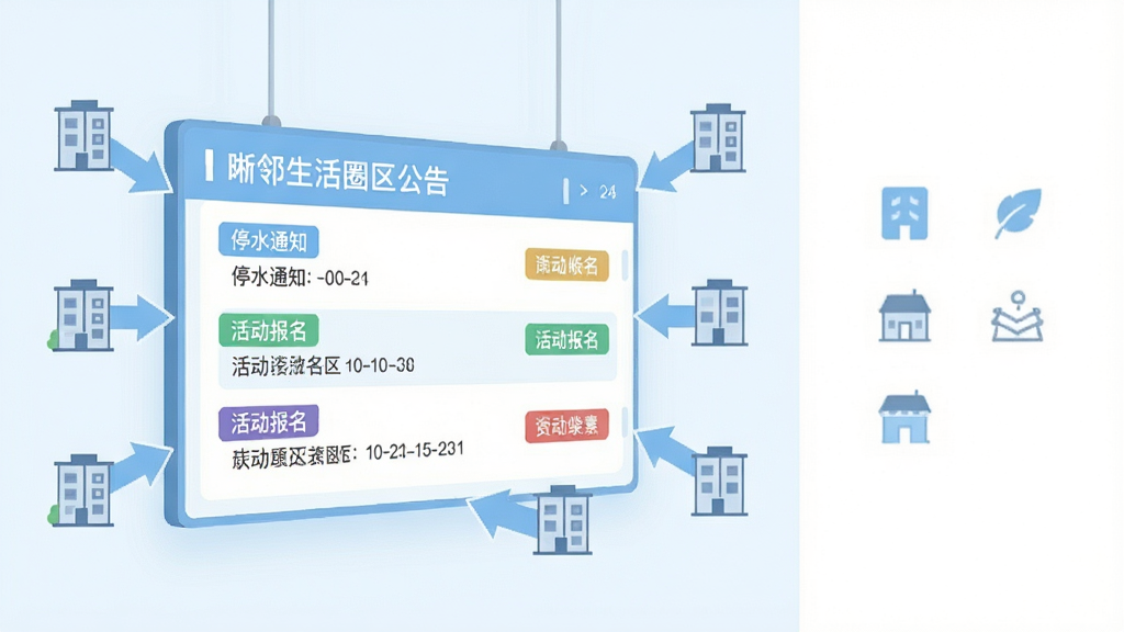 画面主体为一块悬浮的电子公告板,板上显示“晰邻生活圈”社区公告列表,包含停水通知、活动报名等条目,公告板周围有推送箭头指向不同楼栋;布局为公告板居中偏左,右侧留白放置简约图标;风格为现代扁平化,配色以浅蓝与白色为主;细节上公告条目带有时间标签与分类色块,画质干净清晰,无杂乱背景元素