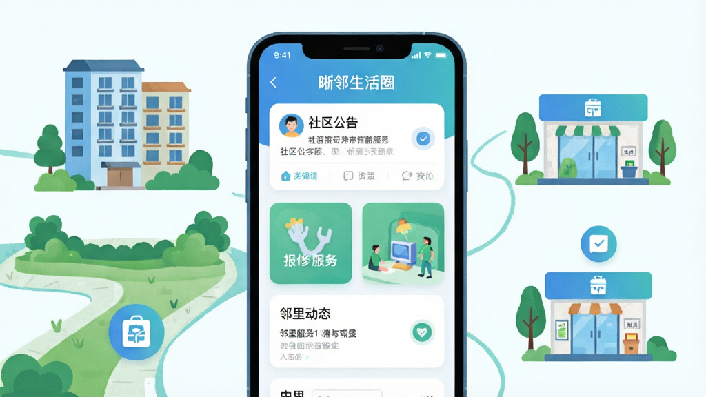 画面中央放置一部智能手机,屏幕显示“晰邻生活圈”应用主界面,界面包含社区公告、报修服务、邻里动态等卡片式布局;手机四周环绕社区场景元素,如楼栋、绿化带、便民服务点图标;整体采用扁平化插画风格,色调以蓝绿为主,明亮柔和;构图居中对称,背景干净简洁,画质清晰,无多余装饰元素